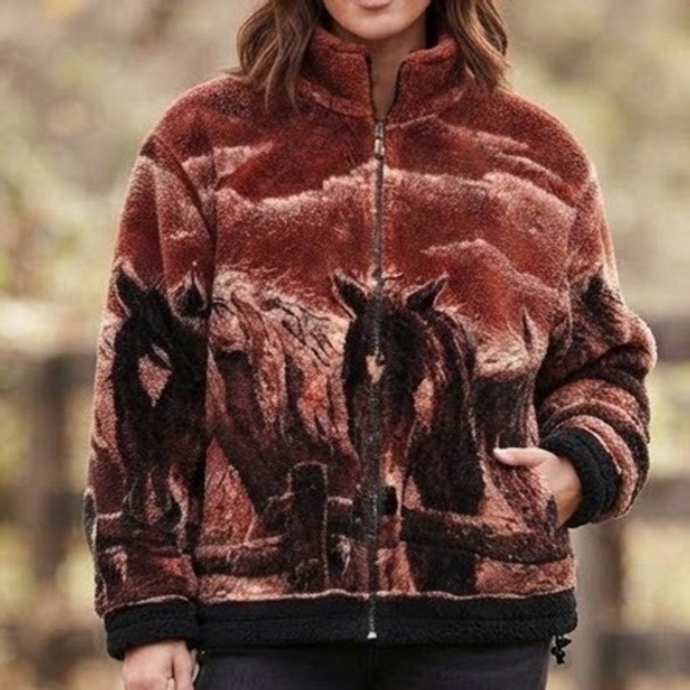 VTG Outback Trading Co Horse Fleece Jacket Crimson & Red Zip Up Preowned
